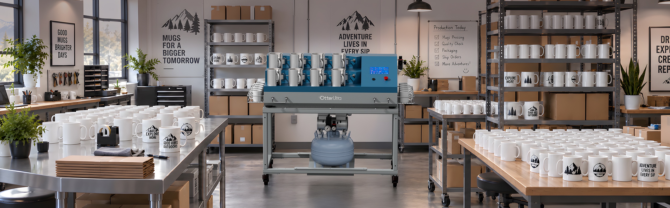 OtterUltra bottom-heat 8-station automatic mug press operating in a production workshop filled with white mugs