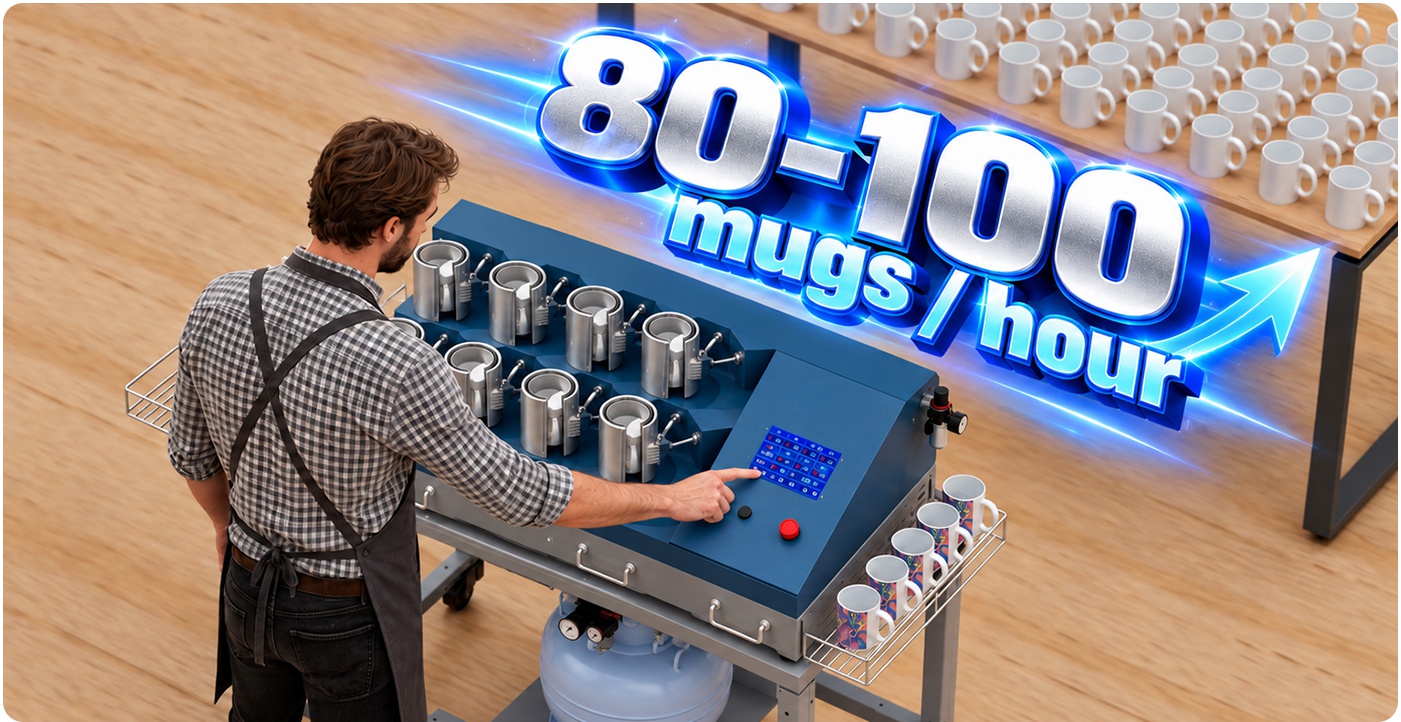 Operator producing 80 to 100 mugs per hour with the OtterUltra bottom-heat 8-station automatic mug press