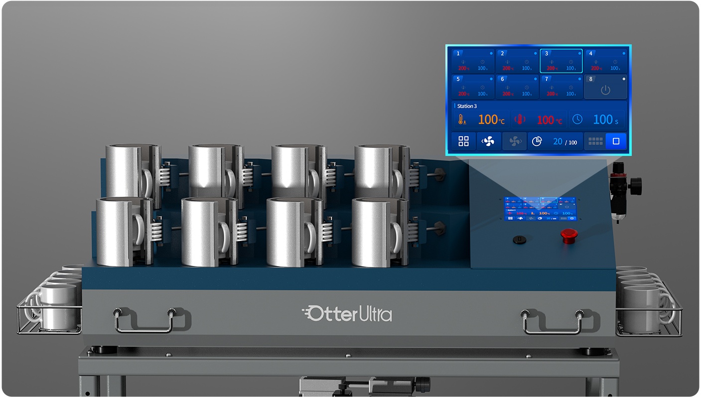 Front view of the OtterUltra bottom-heat 8-station mug press with digital touchscreen and stacked mugs
