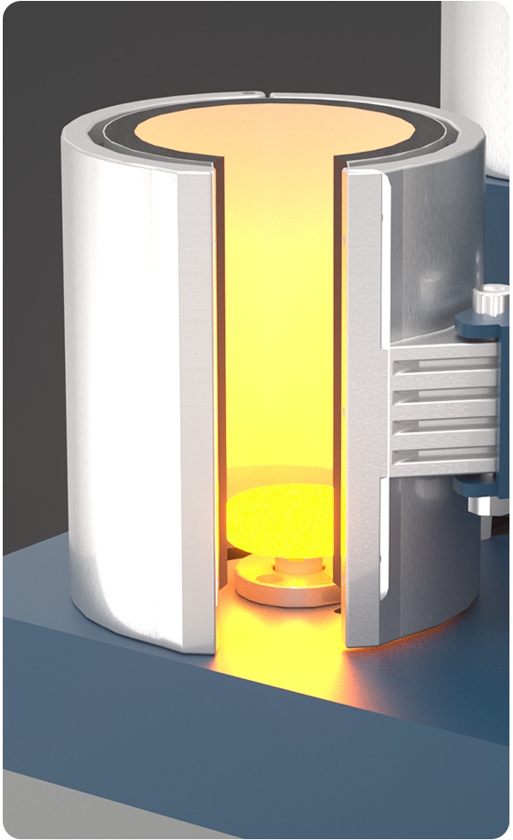 Cross-section of the bottom heating element glowing orange for even mug heating