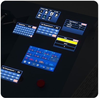 Smart touchscreen panels showing temperature and timer settings