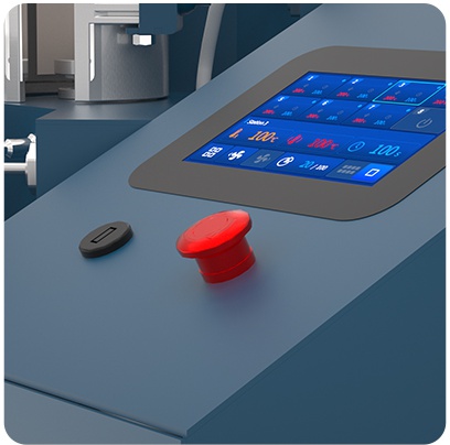 Red emergency stop button next to the touchscreen control panel