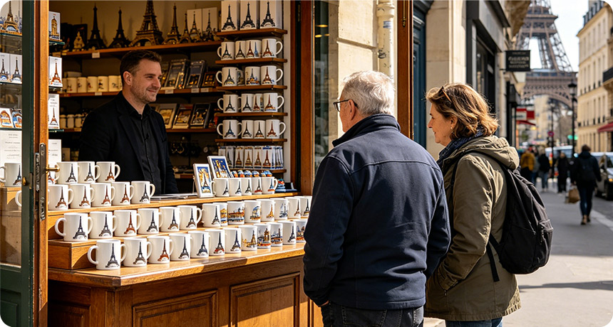 Paris souvenir shop displaying Eiffel Tower themed mugs near the Eiffel Tower