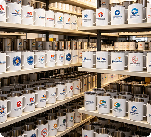 Retail store shelves filled with stainless steel and ceramic branded mugs