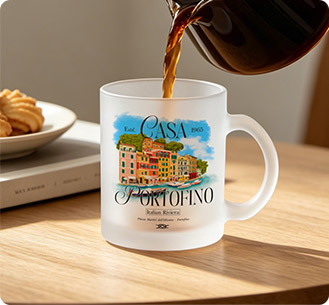 Frosted glass mug with Portofino travel design for souvenir printing