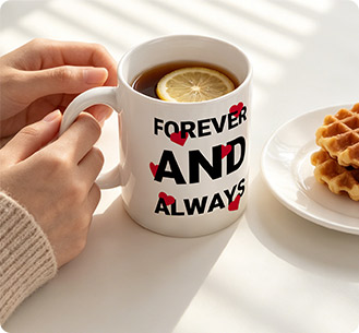White ceramic mug with forever and always typography for couple gift printing