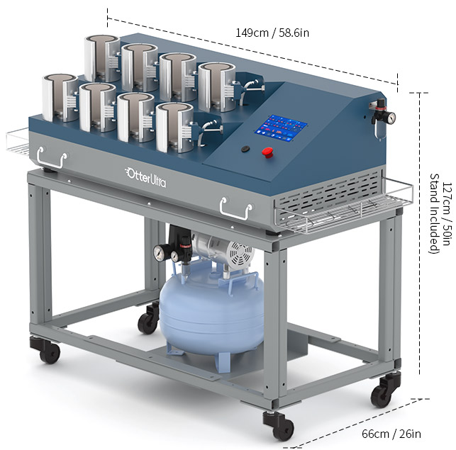 OtterUltra bottom-heat mug press overall dimensions 149cm by 66cm by 127cm including the stand