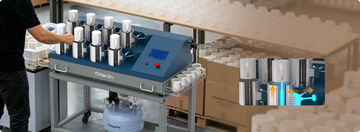 OtterUltra liftable mug press model in a modern workshop with a heating element detail