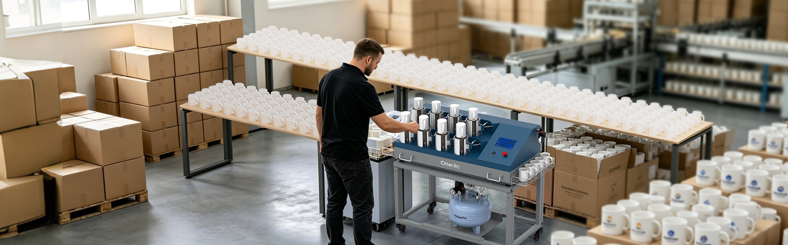OtterUltra 8-station automatic mug press operating in a production warehouse filled with rows of white mugs and cardboard boxes
