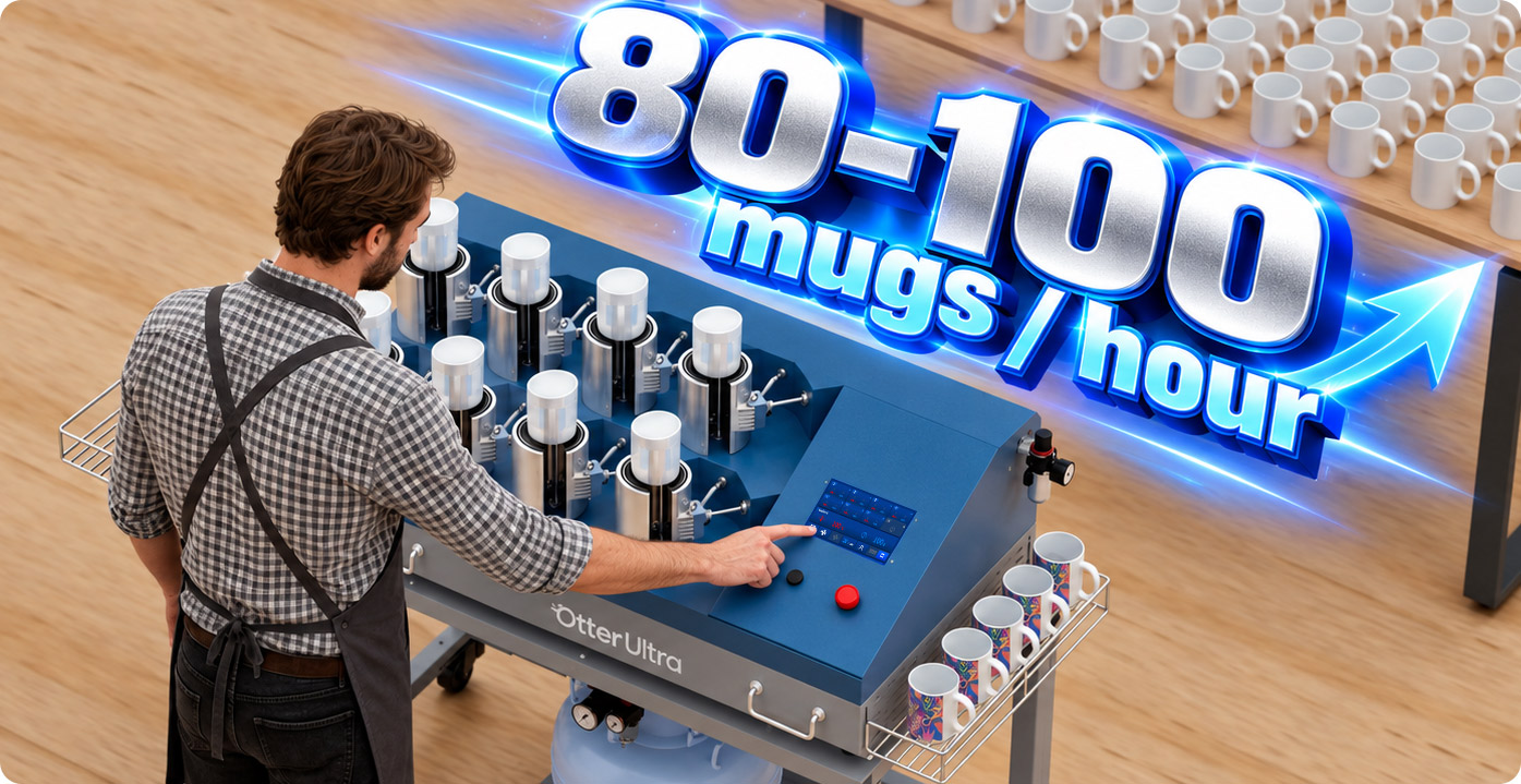 Operator producing 80 to 100 mugs per hour with the OtterUltra 8-station automatic mug press