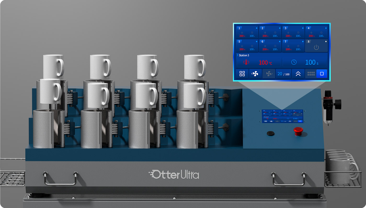 Front view of the OtterUltra 8-station mug press with digital touchscreen and stacked white mugs