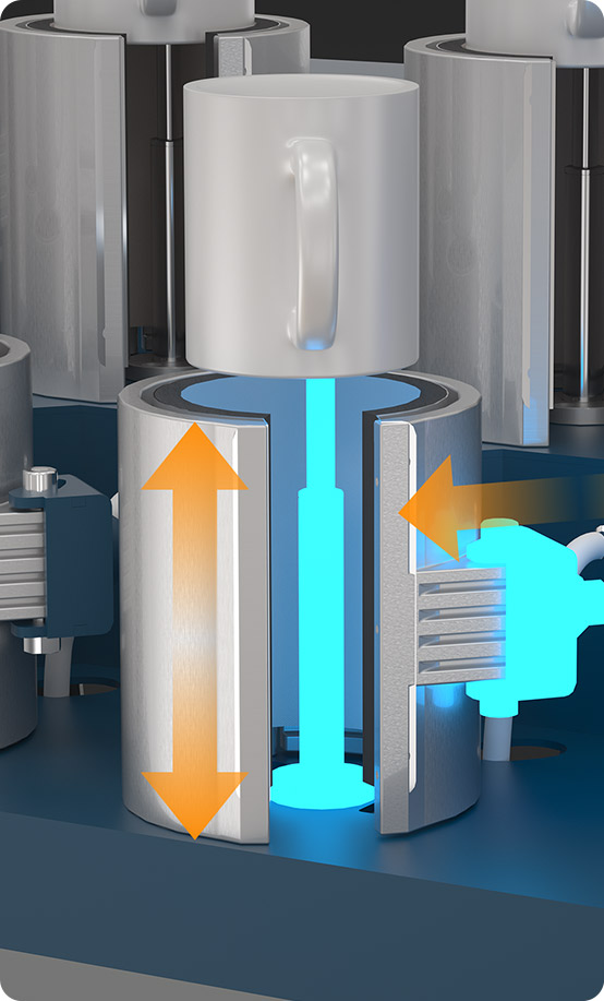 Automatic print head lifting and pressing a mug, with auto sensor and auto lift arrows