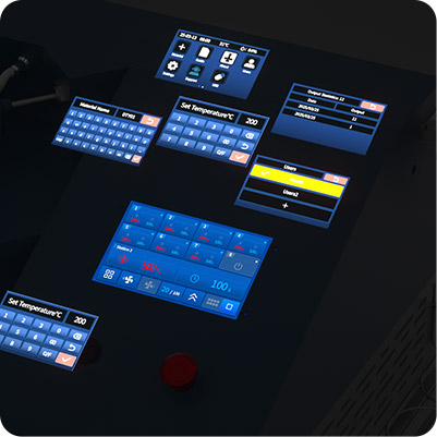 Smart touchscreen panels showing temperature and timer settings