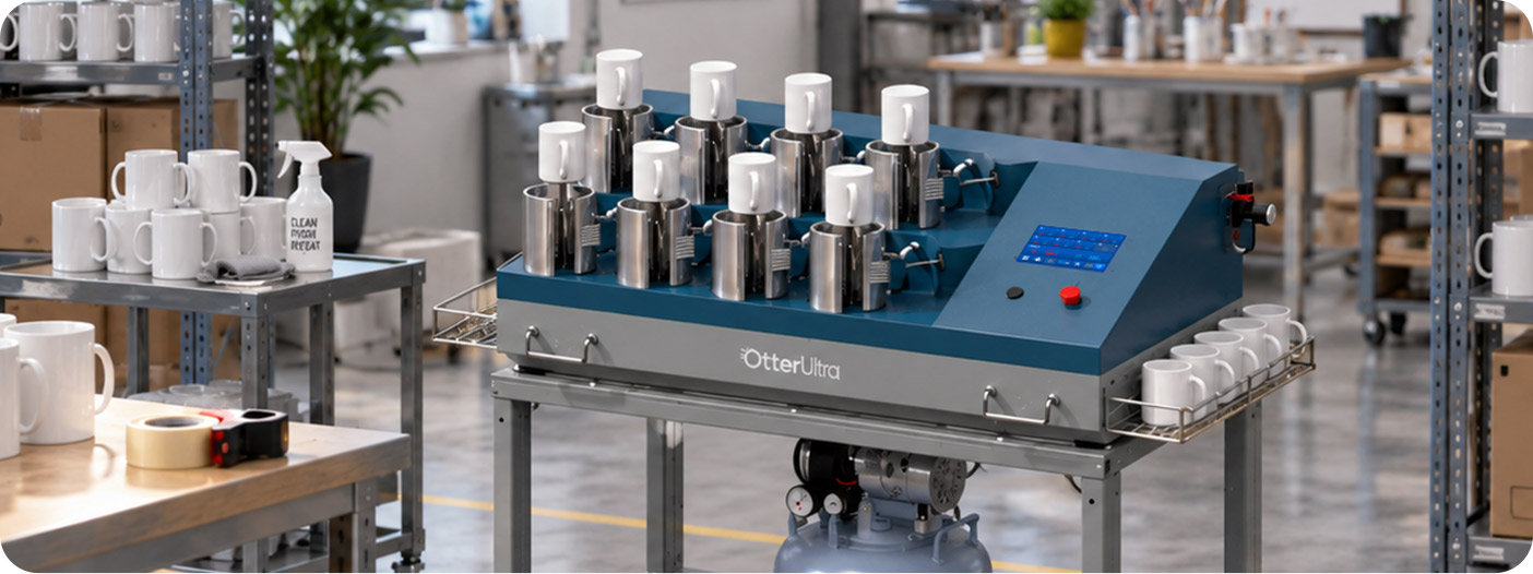 OtterUltra mug press installed in a clean print-on-demand production studio