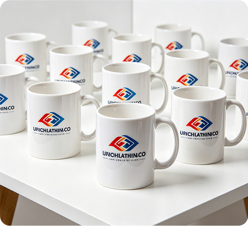 White ceramic mugs printed with colorful custom logos arranged on a table