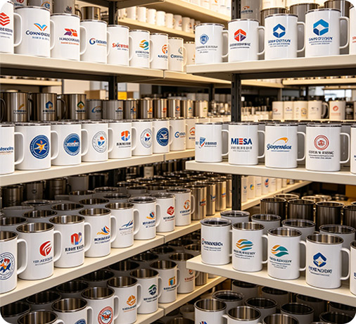 Retail store shelves filled with stainless steel and ceramic branded mugs