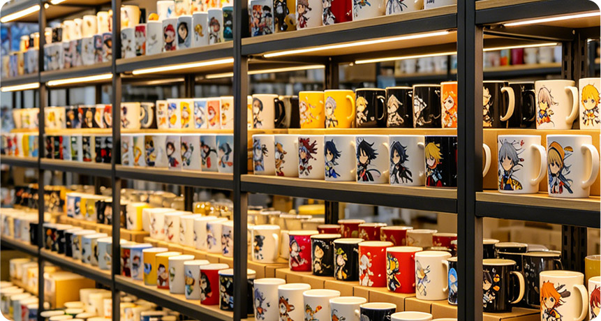 Store shelves displaying anime and cartoon character themed collectible mugs