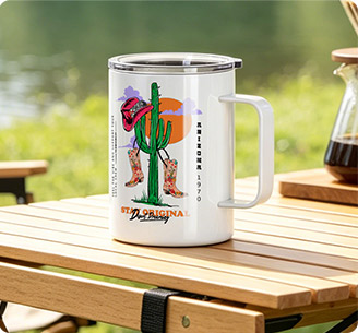 Outdoor camping tumbler with western themed print for adventure merchandise