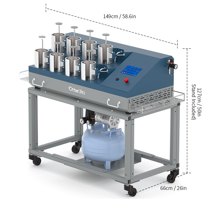 OtterUltra mug press overall dimensions 149cm by 66cm by 127cm including the stand