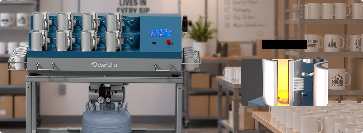 OtterUltra bottom heat mug press model in a modern workshop with a heating element detail